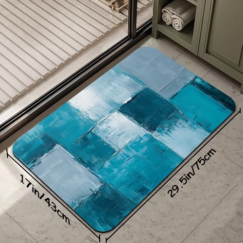 Bath Mat 29.5"x17",Turquoise Grey Abstract Art Painting Slim Low-Profile Fast Drying Super Absorbent Bathroom Rug with Non-Slip Backing,Easy-Clean Modern Floor Mat for Tub,Shower,or Entryway - color: Turquoise and Grey Abstract Art Painting