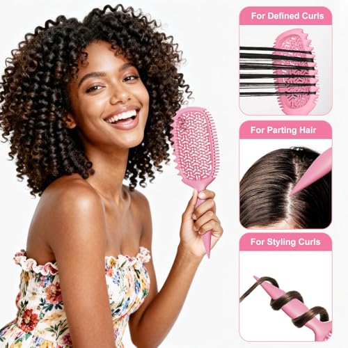 Curl Defining Brush for Thick Coily Hair, Firm-Bristle TPEE Detangling Brush for Coarse 4A–4C Curls, Dual-Sided Wide & Narrow Tooth Brush for Wet & Dry Curl Shaping– Women & Men (2054-Pastel Pink) - color: 2054-Pastel Pink