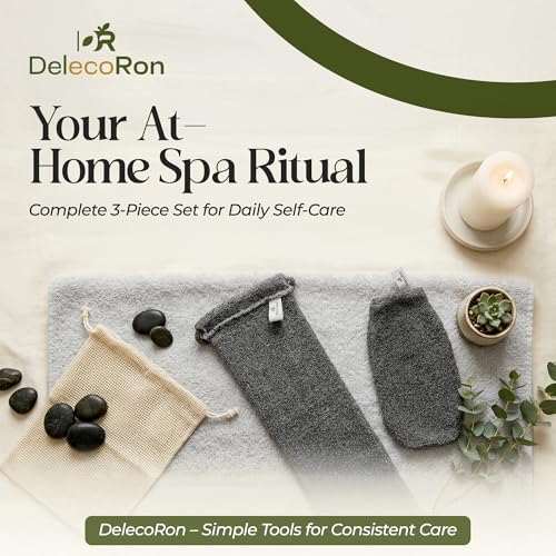 Body Scrubber Set – Back Scrubber Strap & Exfoliating Glove, 3 Piece Shower Kit with Mesh Laundry Bag for Easy Machine Washing, Gentle Cleansing & Smooth Skin – DelecoRon