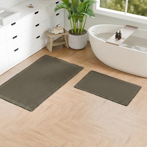 Hiasan Set of 2 Waffle Bath Mat, Super Absorbent Non Slip Bathroom Boho Rug with Tassels, Machine Washable Bath Mats for Bathroom, Ultra Soft Rubber Backed Rug, Grayish Green, 16" x 24" + 24" x 48" - color: Grayish Green, size: 16" x 24" + 24" x 48"