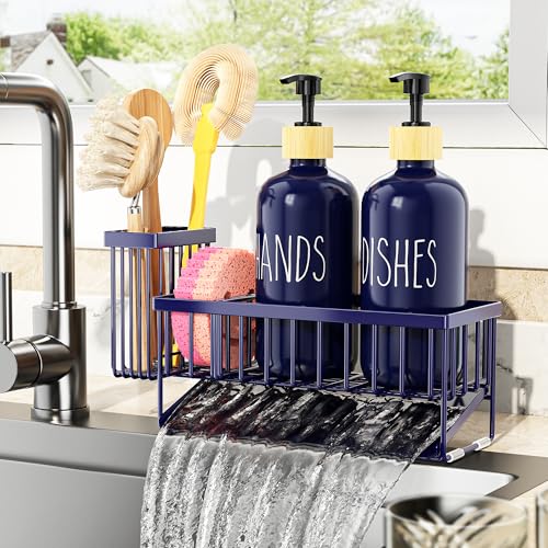 Cisily Navy Blue Kitchen Dish Soap Dispenser, 16 fl Oz Dual Kitchen Soap Dispensers with Sponge Holder, Customized Stainless Steel Kitchen Soap Dispenser Set, Modern Hand and Dish Soap Bottle Set - color: Navy Blue Sponge Holder + Navy Blue Bottle