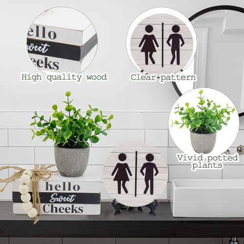 Bathroom Shelf Decor Signs, Book Stack and 3D Round Signs With Fake Plants, Funny Hello Sweet Cheeks Wooden Rustic Decor for Restroom Shelf Thanksgiving Christmas Gift (Sweet Cheeks) - color: Sweet Cheeks