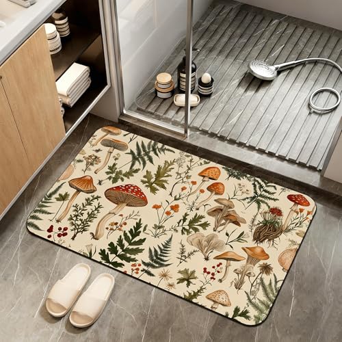 Bath Mat,Mushroom Forest Bathroom Rugs,Quick-Drying Non-Slip Rubber Bath Mats Herbs Flowers Absorbent Diatomaceous Earth Mat for Bathroom Home Decor 17"x29.5" - color: Mushroom Forest,herbs Flowers
