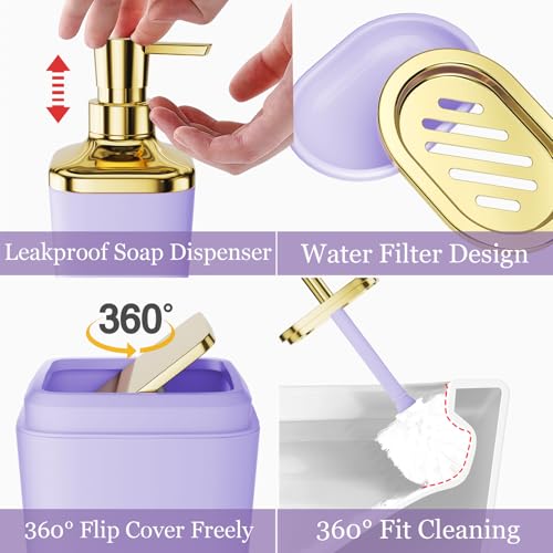 XLHOMO Bathroom Set - Purple and Gold Bathroom Accessories Set, Bathroom Sets with Shower Curtain and Rugs, Purple Shower Curtain Set with Bathroom Trash Can, Soap Dispenser, Soap Dish for Home Decor - color: Plaid Purple & Gold, size: Complete Set + Bath