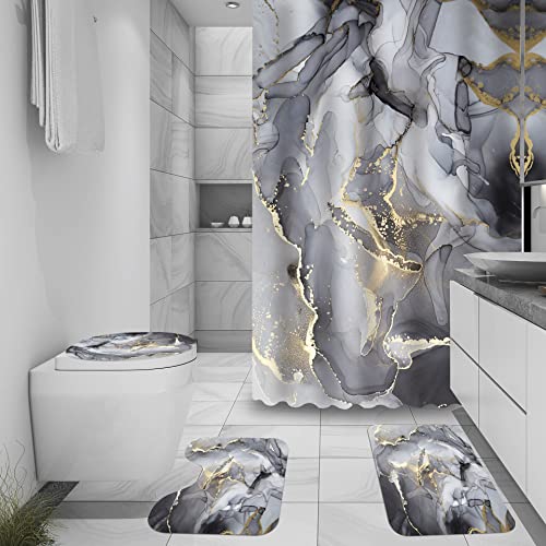 Black Gray Gold Marble Bathroom Sets with Rugs for Bathroom Decor, 72x72 Inches Gold Shower Curtain with Non-Slip Rugs and Accessories, Waterproof Machine Washable Bath Curtain - color: Black Gold Marble