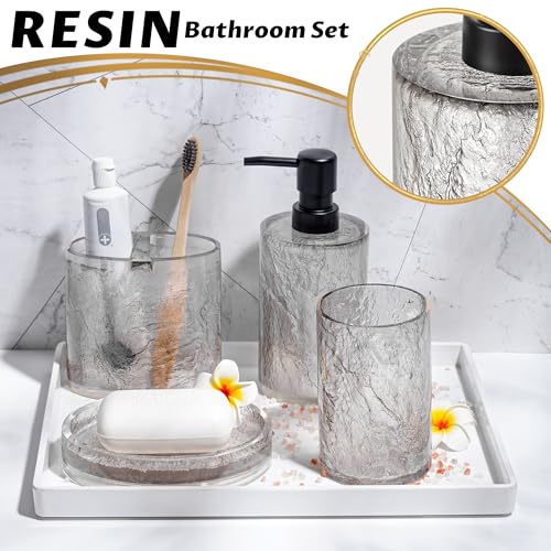 RQYIXI 4 PCS Resin Bathroom Accessories Set,Silver-Grey,Minimalist Luxury | Modern Elegance Shatterproof Bathroomset includes:Soap Dispenser, Toothbrush Holder, Tumbler, Soap Dish - size: 4pcs