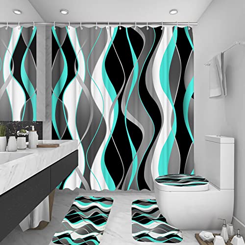4Pcs Turquoise Shower Curtain Sets with Non-Slip Rugs, Toilet Lid Cover and Bath Mat, Black and Gray Bathroom Decor Set Accessories Fabric Waterproof Shower Curtains with 12 Hooks, 72 x 72 Inch - color: Turquoise