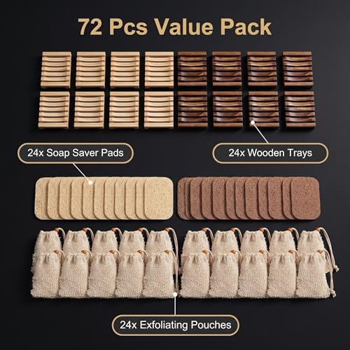 Soap Saver Set 72Pcs Including Wooden Dish Exfoliating Bag Saver Pads Bulk with Self-Drain for Shower Bath Home Toilet Kitchen Hotel Restaurant (72)