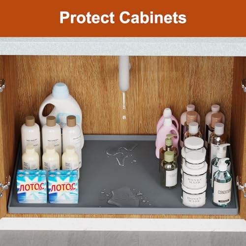 ukeetap Extra Thick Silicone Mat Waterproof with Raised Edge 34" x 22", Under Sink Mat for Kitchen & Bathroom, Kitchen Cabinet Liner, Multi-Purpose for Storage & Protection, Gray - color: Gray, size: 34"L x 22"W