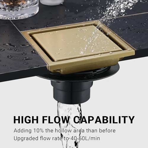4 Inch Gold Shower Drain, SUS304 Stainless Steel Square Bathroom Floor Drain with Flange Reversible 2-in-1 Cover Insert Tiles for Filtering, Brushed Gold - color: Brushed Gold, size: 4 inch-Reversible