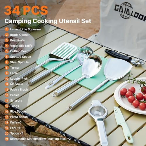 Gaialoop Portable Camping Cooking Utensils Set, Camp Kitchen Set with Organizer Bag, RV Essentials Outdoor Cooking Utensil Kit for Travel, Picnics, Camping, BBQs, Parties - style: 34pcs