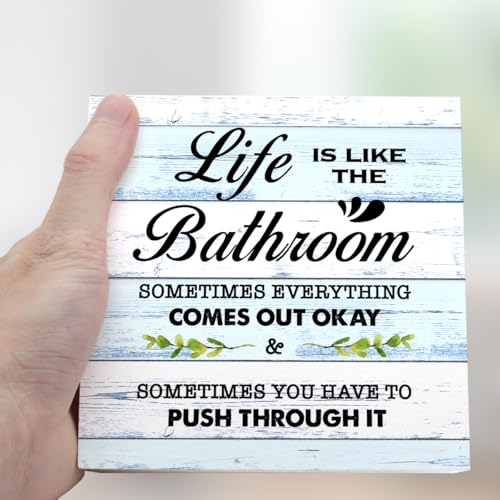 BlueL Life is Like The Bathroom Wooden Box Sign Desk Decor,Funny Bathroom Wood Block Sign for Farmhouse Toilet Shelf Decor - color: Blue Rustic Wood