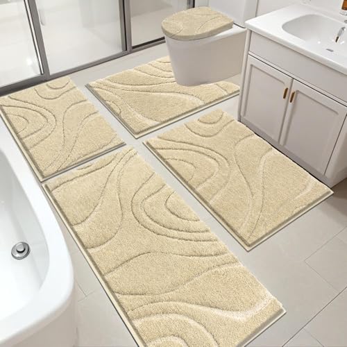 HEBE Bathroom Rugs Sets 5 Piece, Soft Absorbent Microfiber Bath Mat for Bathroom, Non Slip Washable Bath Rug Set with Toilet Cover, Bath Runner and U-Shaped Contour Toilet Rug, Beige - color: Beige, size: 18"x26"+20"x32"+20"x48"+U20"x24"+Cover19"x21"