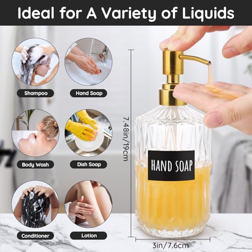 Segbeauty 15.2oz Glass Hand Soap Dispenser Bathroom, 2pcs Clear Glass Pump Dispensers for Countertop, 450ml Gel Lotion Liquid Bottles with Stainless Steel Pump, Body Wash Shampoo Conditioner Container - color: Clear Gold, size: 15.2oz/450ml