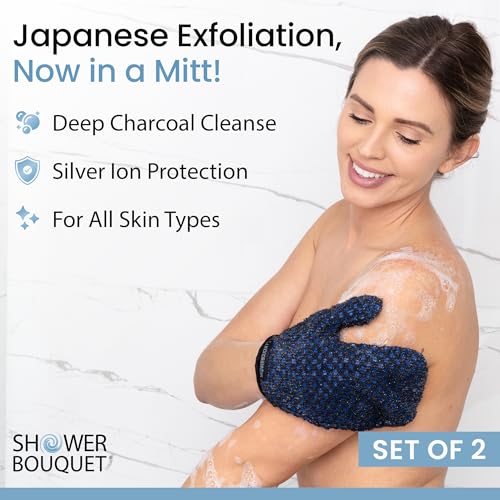 Japanese Exfoliating Mitt 2-Pack - Charcoal & Silver Ion Exfoliating Gloves for Shower - Soft Inner Fabric Gentle Exfoliation & Deep Cleansing Body Scrub Gloves for All Skin Types - 1 Blue, 1 Green - color: Charcoal Blue + Charcoal Green, size: 1 Count (P