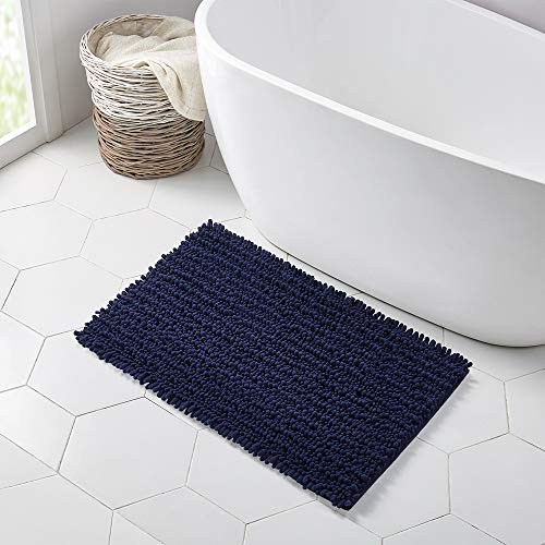 Walensee Bathroom Rug Non Slip Bath Mat (32x20 Inch Navy) Water Absorbent Super Soft Shaggy Chenille Machine Washable Dry Extra Thick Perfect Absorbant Best Large Plush Carpet for Shower Floor - color: Navy, size: 32"x20"