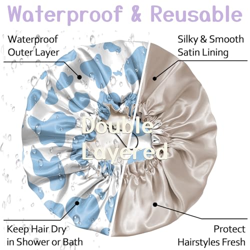 Luxury Shower Cap Silk Satin Lined Waterproof Reusable Adjustable Elastic Dry Hair Bathing Caps Cute for Women Girls-Blue Cow - color: C-15-Blue Cow