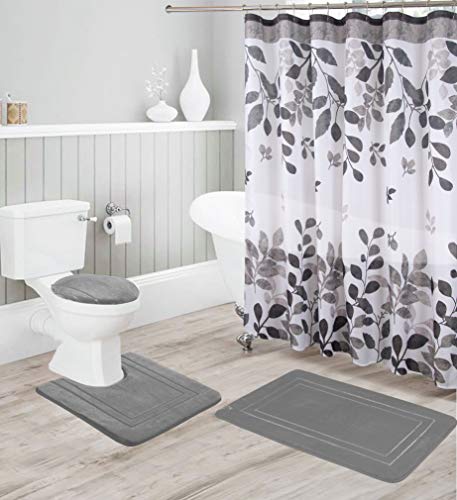 Kids Zone Home Linen Bathroom Collection Grey 16pc Bathroom Accessory Set - Non-Slip Bath Mat, Non-Slip Contour Mat, Toilet Lid Cover and Waterproof Shower Curtain with Rustproof Metal Roller Hooks - color: Grey