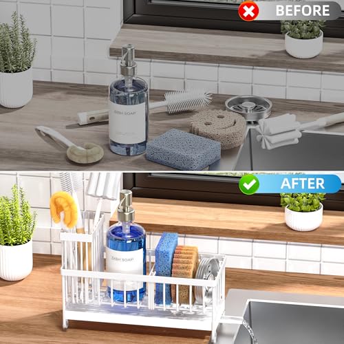 Cisily Sponge Holder for Kitchen Sink, Sink Caddy Organizer with High Brush Holder, Kitchen Countertop Organizers and Storage Essentials, Rustproof 304 Stainless Steel (Cool White, Large) - color: Cool White