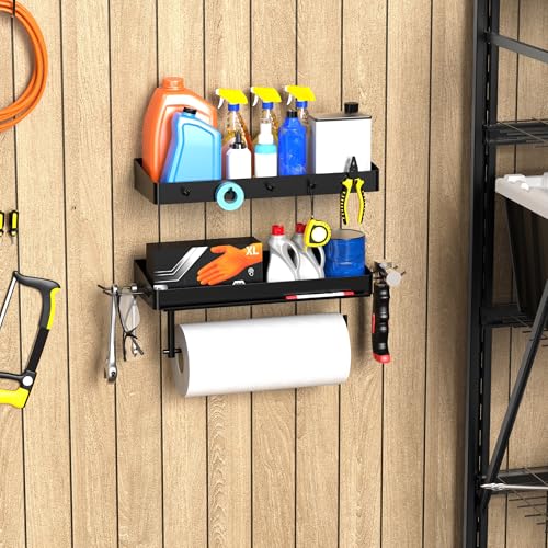 YIGII Heavy Duty Garage Paper Towel Holder with 2 Storage Shelves, Wall Mount Paper Towel Rack with Phone Holder & Hooks, Shop and Tool Room Organizer for Storage - color: Black-2