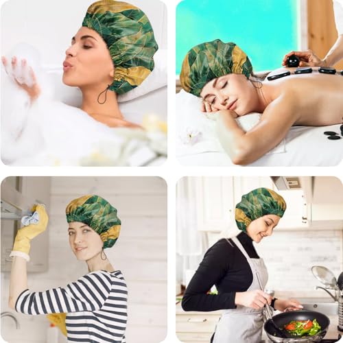 2 PCS Shower Cap Reusable Waterproof Double Layers Hair Caps Shower Bath Adjustable Elastic Hat for Women Girls Cute Aesthetic-Flower Leaf - color: AI6-Flower Leaf