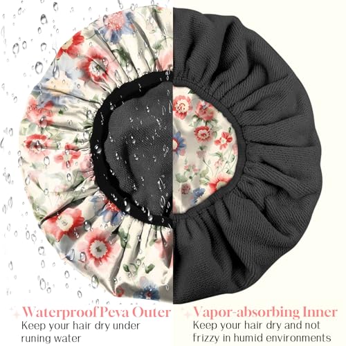 Luxury Shower Cap Terry Cloth Lined EVA Waterproof Reusable Triple Layer Elastic Hair Bath Caps for Women Girls Cute (C12-Pink Blue Floral) - color: C12-Pink Blue Floral