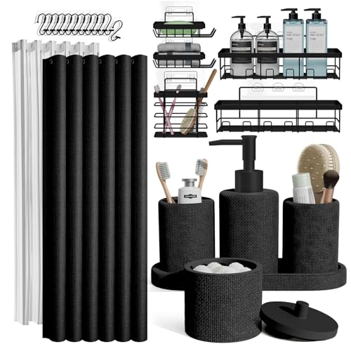 Clara Clark Bathroom Set - Black Bathroom Accessories Set, 24PC Bathroom Accessory Set, Bathroom Sets with Shower Curtain Set, Adhesive Corner Shower Caddy Hanging & Soap Dispenser - color: Black, size: Complete Set + Shower Caddy