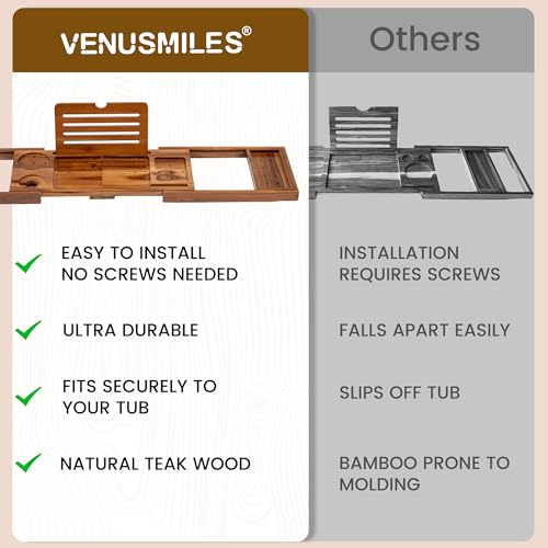 Venusmiles Teak Bathtub Tray Caddy, Foldable Bath Tray with Expandable Handles, Wine Glass and Phone Holders, Book Stand, for Home Spa Relaxation, Luxury Bathroom Accessories - Light Walnut Color - color: Light Walnut