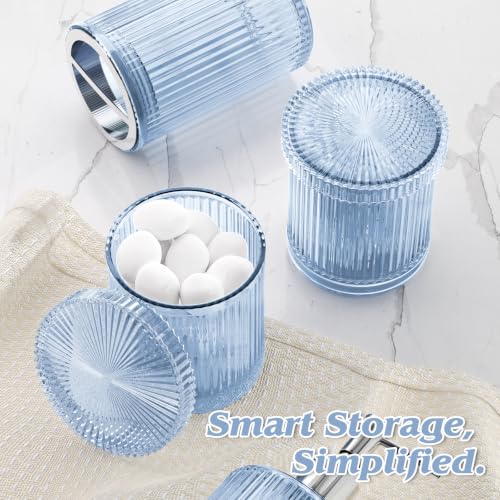 Blue Glass Bathroom Accessories Set 5 Piece, Vintage Ribbed Soap Dispenser, Toothbrush Holder, Tumbler, Qtip Jars, Cute Aesthetic Vanity Organizer for Home, Restroom Countertop Decor - color: Blue, size: 5 Pieces