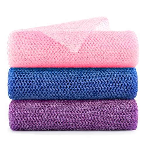 African Net Sponge Extra Long 3 Pieces, Loofah Back Scrubber for Shower, Exfoliating Washcloth & Body Scrubber, 39.37" L x 12.99" W Bath Sponge (Blue, Pink, Purple) - color: Blue,pink, Purple