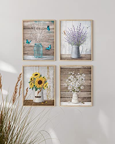 HAUS AND HUES Flower Wall Decor - Set of 4 Floral Wall Art, Framed Flower Paintings, Floral Pictures, Frameable Botanical Posters (8x10, Beige Frame) - color: Farmhouse Bouquets, size: 8x10, style: Beige Framed
