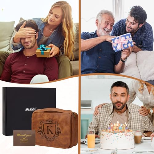 Personalized 3-in-1 Hanging Toiletry Bag Fathers Day Birthday Gifts for Men Dad Husband, Custom Initial Large Waterproof PU Leather Dopp Kit Shaving Bag Travel Essential for Him Light Brown J - color: Light Brown, style: J
