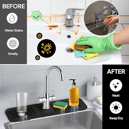 17'' Inch Kitchen Sink Faucet Mat Guard for Sink Area Durable Silicone Splash Mat Multi-Use Water Catcher Tray Fast Drying Draining Protector (Black) - color: Black, style: 17.7 Inch