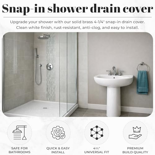 4 ¼” White Snap-in Shower Drain Cover - Stainless Steel Replacement - 4.25" OD Shower Drain Strainer - Easy Install - Premium Round Shower Drain Cover - Solid Brass Construction - color: White