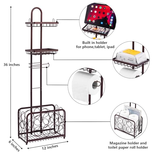 Oasis Creations Toilet Paper Holder Tissue Rack Stand with Magazine Toilet Roll Storage Basket- Freestanding, Bronze Metal - color: Bronze