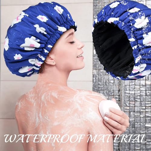 Shower Cap for Women Terry Lined Bath Cap Large Reusable Waterproof Elastic Band Blue Shower Caps for Long Thick Hair Soft Bath Shower Hair Caps - color: Blue Flowers