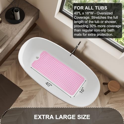 TEESHLY Bath Tub and Shower Mats, Non Slip 40 x 16 Inch Extra Large Bathtub Mat, Machine Washable Bathmat with Drain Holes, Suction Cups for Bathroom Floor, Clear Pink - color: Pink (Translucent)
