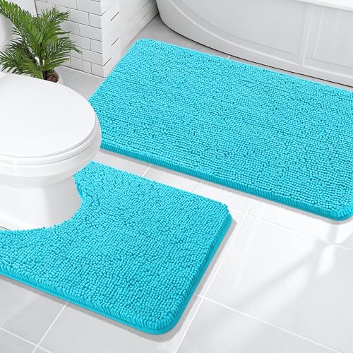 OLANLY Bathroom Rugs Sets 2 Piece, Soft Absorbent Chenille Bath Mats and U-Shaped Contour Toilet Mat Area Rug Set, Machine Washable Bath Carpet, Home Decor Accessories(47"x20"+24"x20", Aqua Sky) - color: Aqua Sky, size: 47" X 20" + U24" X 20"