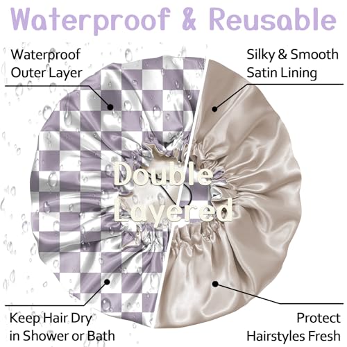 Luxury Shower Cap Silk Satin Lined Waterproof Reusable Adjustable Elastic Dry Hair Bathing Caps Cute for Women Girls-Purple Checkered - color: C-16-Purple Checkered