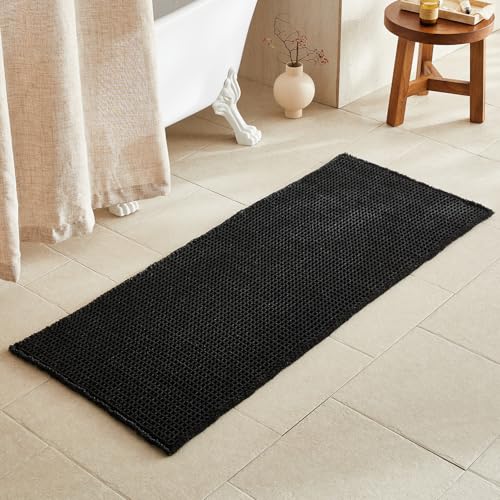 TYUU Black Long Bathroom Rug, Waffle Runner Rug Bathroom Non Slip Washable Super Absorbent Quick Dry Boho Farmhouse Bath Decor, 60"x24" Black - color: Black, size: 2' X 5' (Runner)
