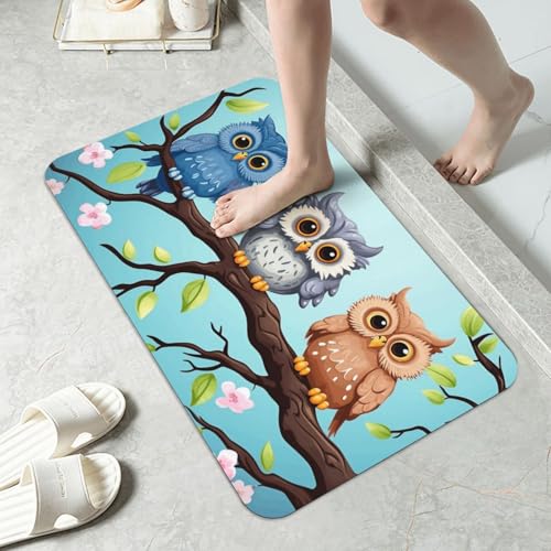 Stone Bath Mats for Bathroom Diatomaceous Earth Bath Mat Super Absorbent Floor Mat Owls on a Branch Stone Drying Mats Quick Drying Diatomite Shower Mat for Bathtub Pad 19.7x31.5in - color: Owls on a Branch, size: 1'8" x 2'8" (Rectangular)