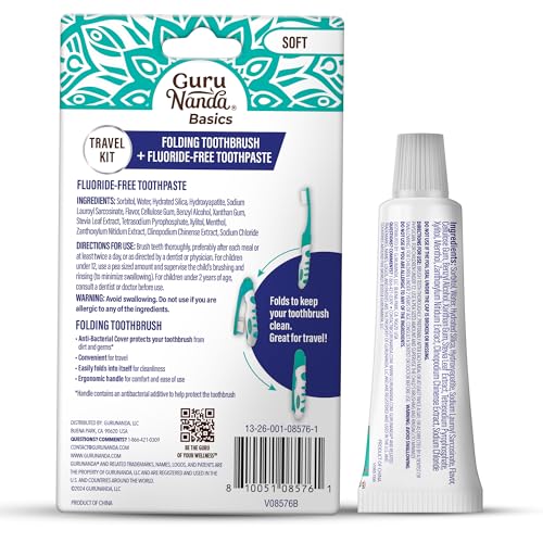 GuruNanda Folding Toothbrush with Built-in Cover & Toothpaste with Hydroxyapatite, Perfect for Travel, Compact & Portable, On-The-go - Soft Bristles & Ergonomic Handle, for Adults & Kids (1 Count)