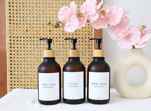 Frosted Plastic Shampoo and Conditioner Bottles, Apothecary Dispenser Bamboo Pump, Refillable Bottles for Shower Lotion, Oil, Hand Soap, Sanitizer, Liquid Soap, Set of 3 with 9 Labels (3, Matte Amber) - color: Matte Amber