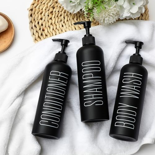 HOMCDALY Black Shampoo and Conditioner Dispenser, 16oz 3-Pack Refillable Pump Bottles, Shampoo Conditioner Body Wash Dispensers Bottles, Bathroom Shower Dispenser (Black-2 - color: Black&black Pump