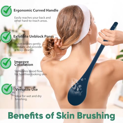 Back Scrubber for Shower, 17-Inch Shower Brush for Men and Women, Long Handle Exfoliating Body Brush, Medium Bristle Stiffness for Dry or Wet Brushing (Navy Blue) - size: 17 in - Navy Blue