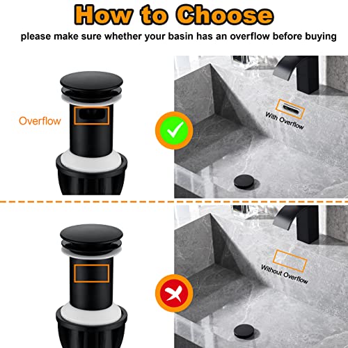 TIORIY Bathroom Vessel Sink Drain with Overflow - 1 3/4 Inch Bathroom Sink Stopper, Push and Seal Pop up Sink Drains, Bathroom Sink Vanity Assembly with Strainer, Anti Clogging, Black - color: With Overflow Black