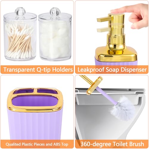 Bathroom Accessory Set,9 Pieces Purple Bathroom Accessories Set with Trash Can, Toothbrush Holder, Soap Dispenser, Toothbrush Cup, Vanity Tray, Soap Dish, Toilet Brush, Qtip Holder - color: Purple