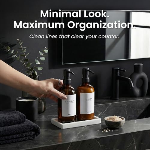 MaisoNovo Soap and Lotion Dispenser Set - Bathroom Soap Dispenser Set with Amber Glass Soap Dispenser, Black Pumps & Ceramic Tray - color: Amber Bottles/ Black Pumps/ White Ceramic Tray