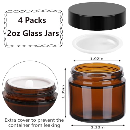Accmor Glass Jars with Lids, 4 Pack 2 OZ Amber Makeup Sample Container with Inner Liners & Spatulas, Leak Proof Round Travel Cosmetic Storage for DIY Making Lotions, Creams, Body Scrub, Bath Salts - color: Amber, size: 2 Ounce