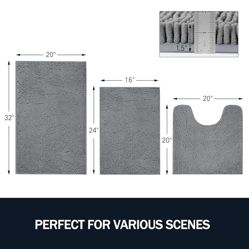 LINLA 3 Pieces Bathroom Rug Set, Absorbent Non Slip Chenille Bath mat, Thick Plush Chenille Carpet Mats Set,Washable Dry Quickly with U-Shaped Toilet Mat for Tub, Shower（Grey） - color: Grey